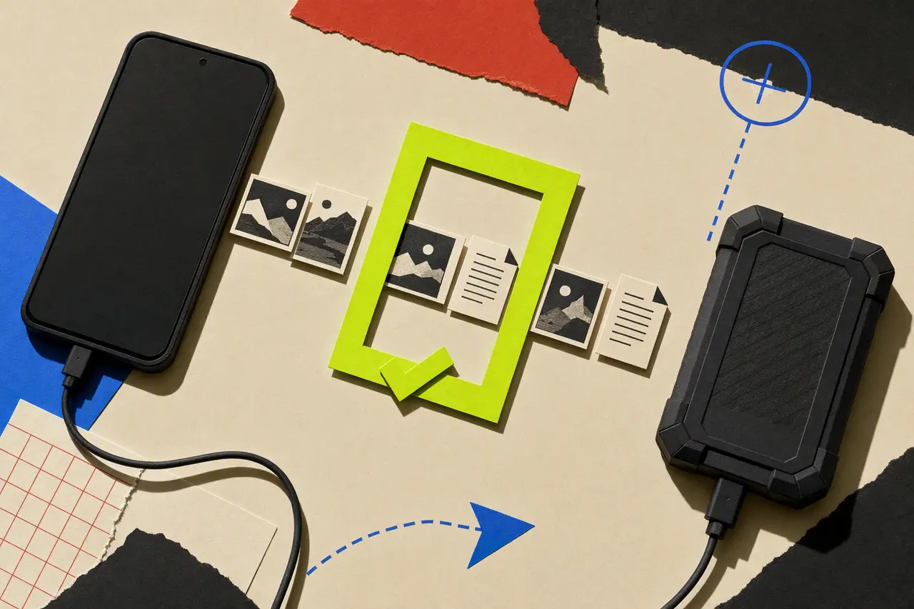 A blank phone and archive drive with photo and document tiles passing through a bright verification frame